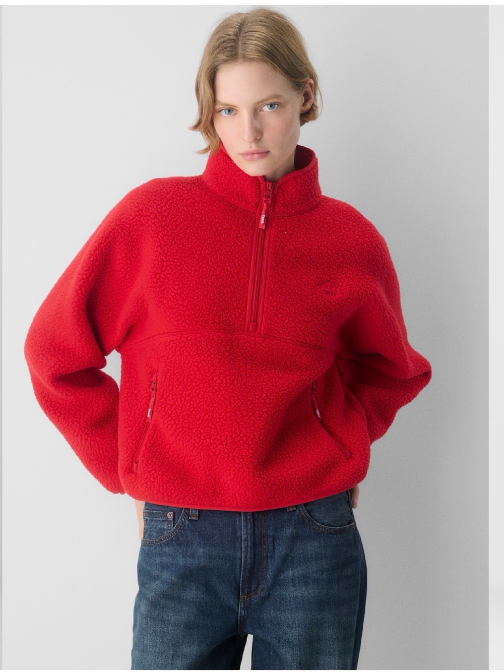 Aritzia TNA Polartec Thermal Pro 1/2 Zip Fleece Pullover Red Sherpa Sweater S